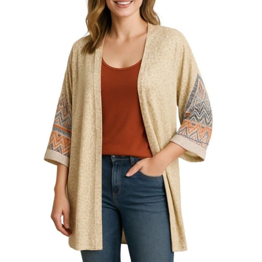 White Birch Women’s Open Front Animal Print Kimono Cardigan | Size Large